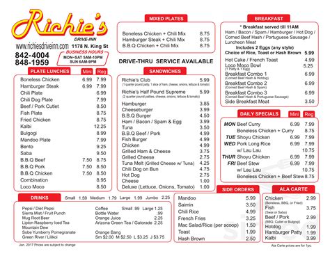 Richie's Drive Inn. . Richies drive inn menu